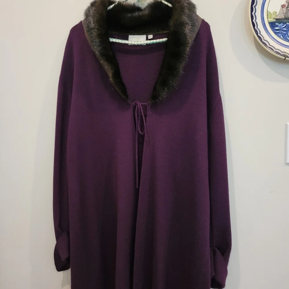 Womans Maggie Fine Knit Stylish Long Sweater Coat Faux Fur Collar L - Picture 10 of 11